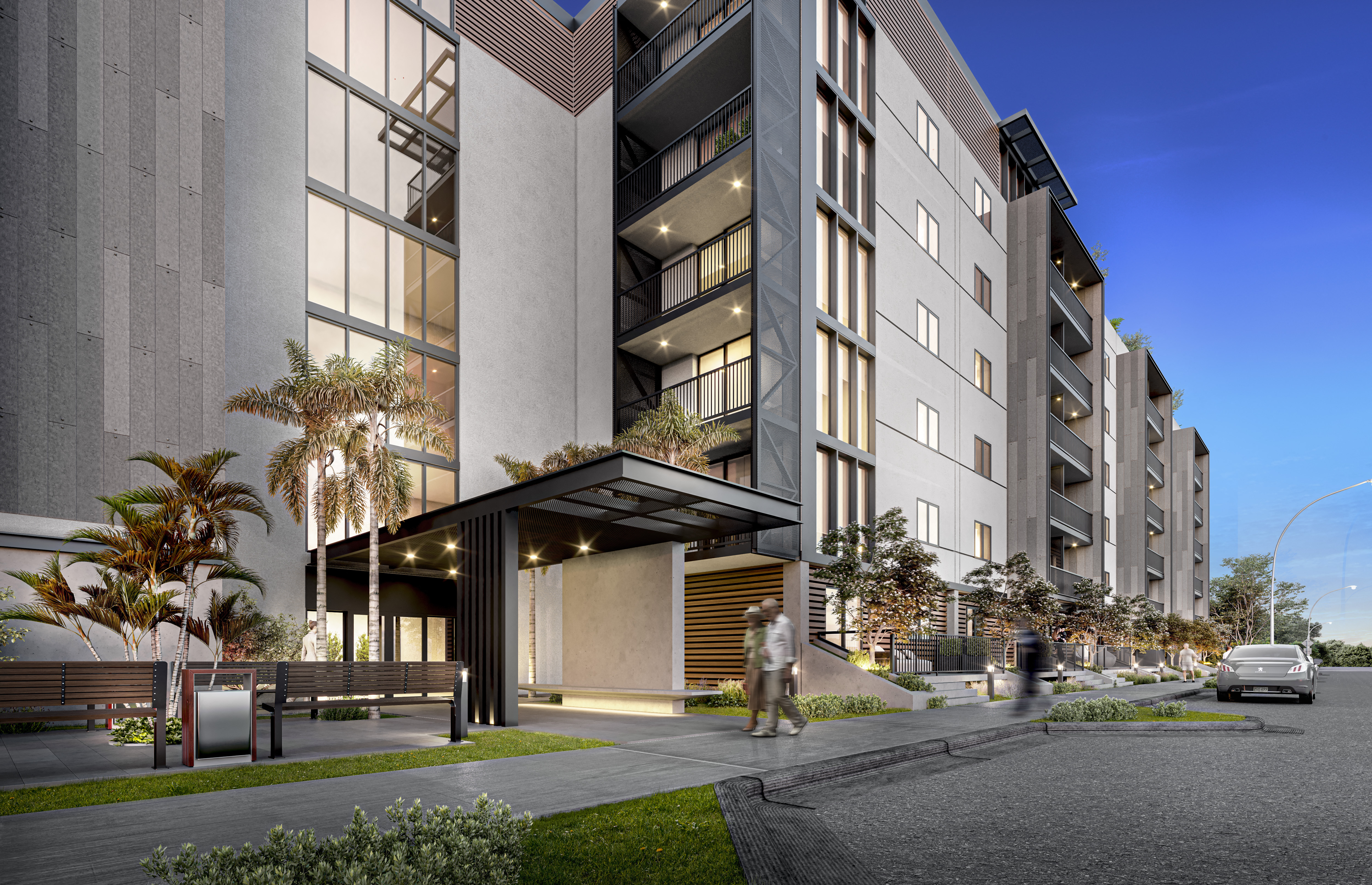 a rendering of an apartment building on a city street